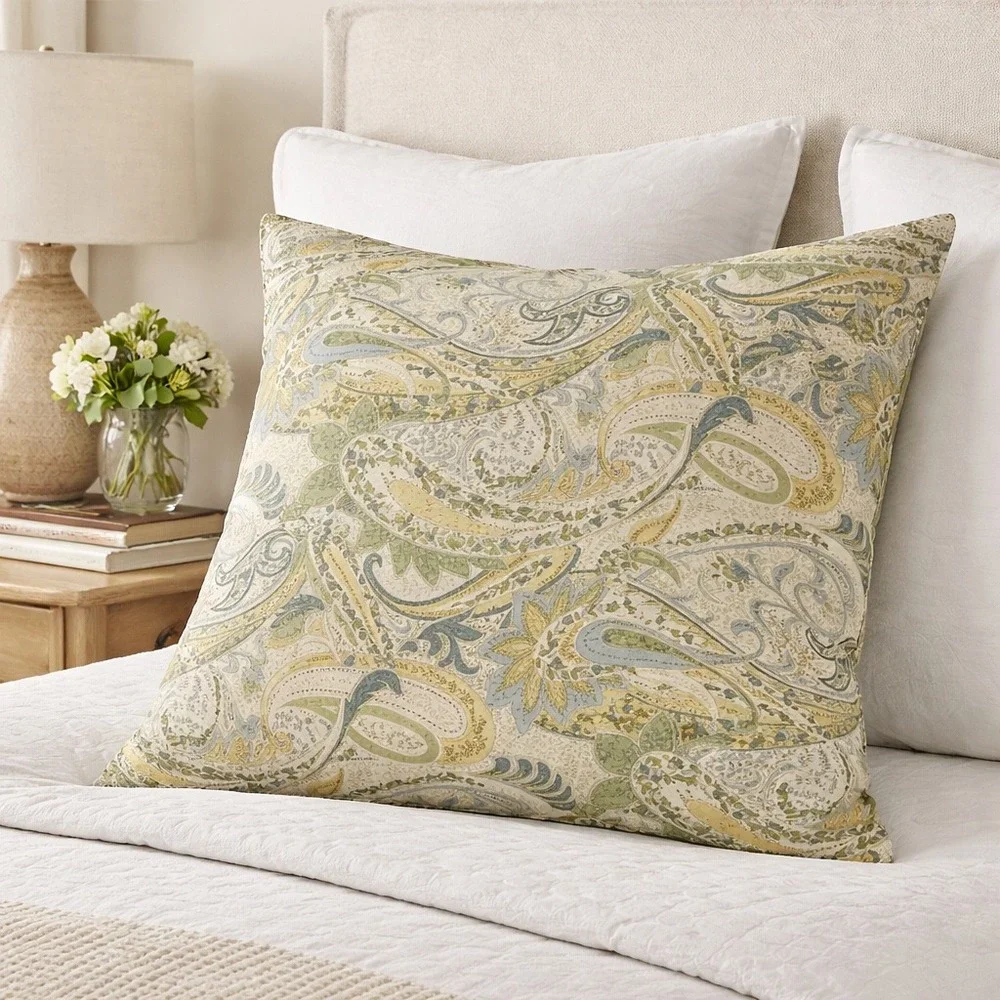 Pottery Barn Single Euro Sham Paisley 100% Cotton Cottage Home Green Yellow Blue